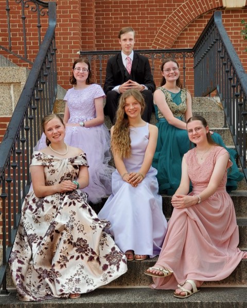 Five ladies in formal gowns and a gentleman in a suit and tie, seated together on stone steps